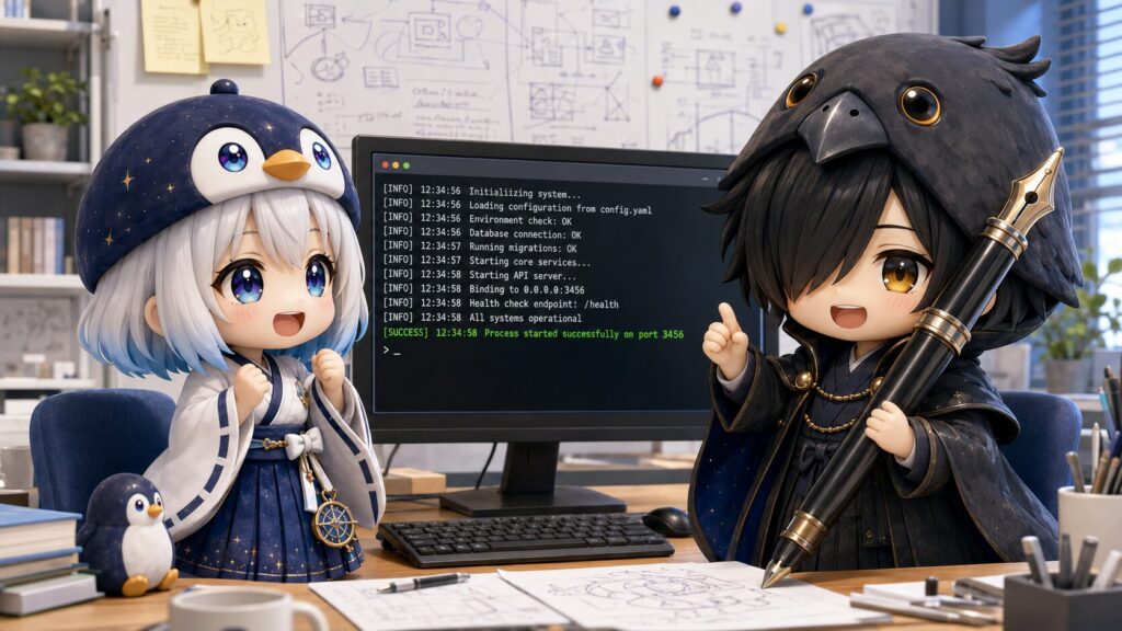 モニター画面のポート状況とターミナルを操作し、サーバーの再起動を笑顔で完了させている海空と黒羽の情景