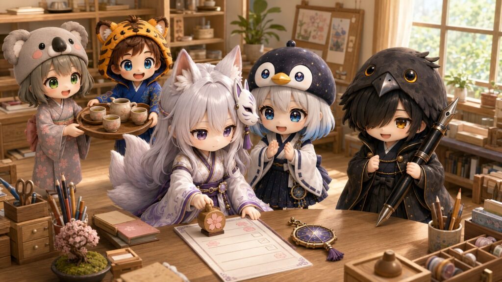 白夜が静かな表情でチェックリストに合格スタンプを押し、海空と黒羽が嬉しそうに見守り、全員で合格した喜びを分かち合っている様子。