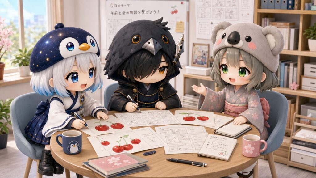 美味しそうなさくらんぼのイラストや原稿を並べて、海空たちが楽しそうに本日のストーリーを組み立てている打合せ風景