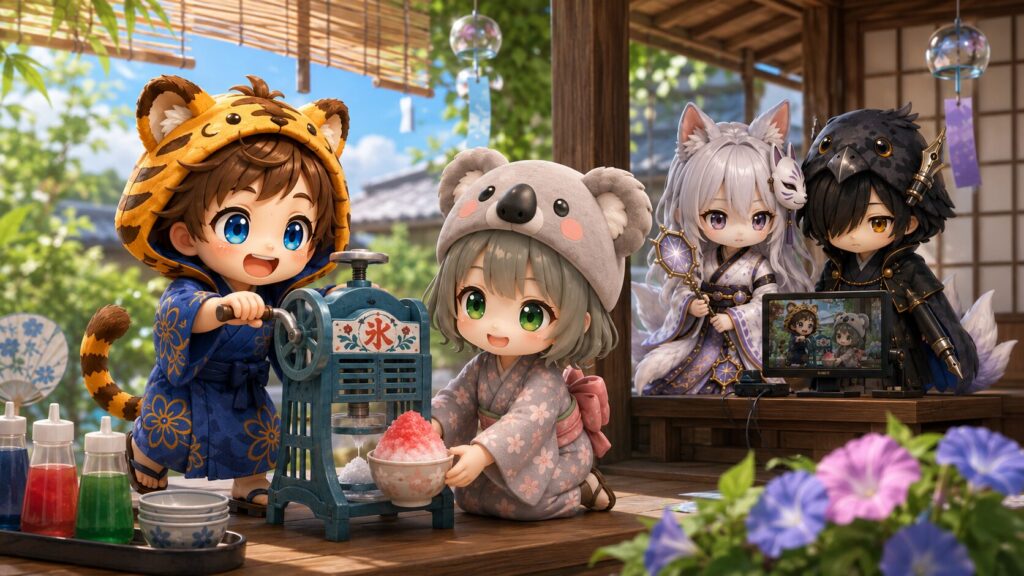 かき氷機のハンドルをぐるぐる回す大雅と笑顔の心愛、そしてその動画データをYouTubeへ自動登録している白夜と黒羽の様子
