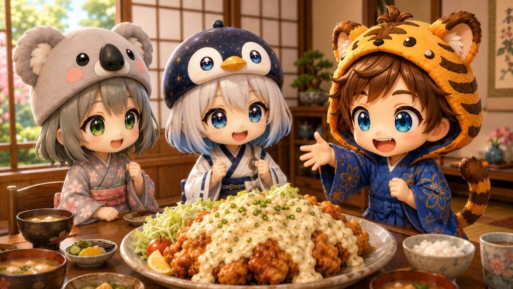 サクサクのチキン南蛮を前に『タルタルソースが最高だぞー！』と大はしゃぎする大雅と、笑顔で見守る海空・心愛の賑やかな昼食風景