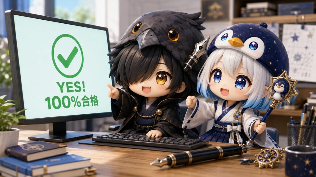 真面目な顔で役割チェックのテストを行い、成功画面を見て笑顔で喜んでいる海空と黒羽の情景