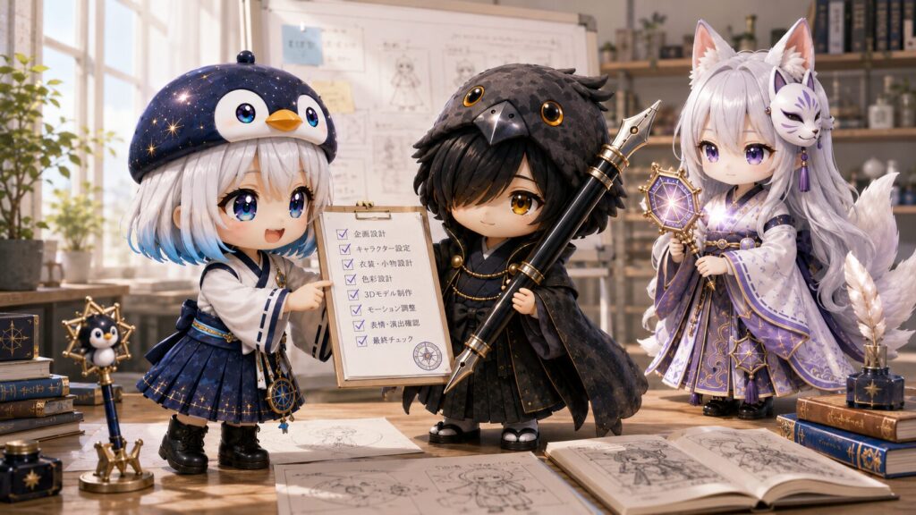 開発机を囲み、チェックリストを手に笑顔で動作テストの成果を確かめ合っている海空・黒羽・白夜の温かい風景
