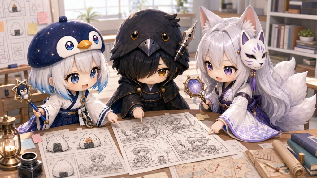 机の上におにぎりのスケッチや考古学発掘の絵コンテを並べて、楽しそうに話し合っている海空たちの打合せ風景