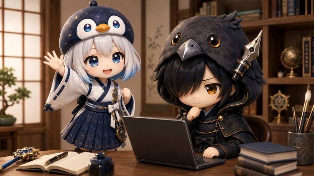 黒羽がPC画面でYouTube APIの認証エラーやトークンの更新スクリプトと真剣に向き合い、海空が隣で応援している開発風景