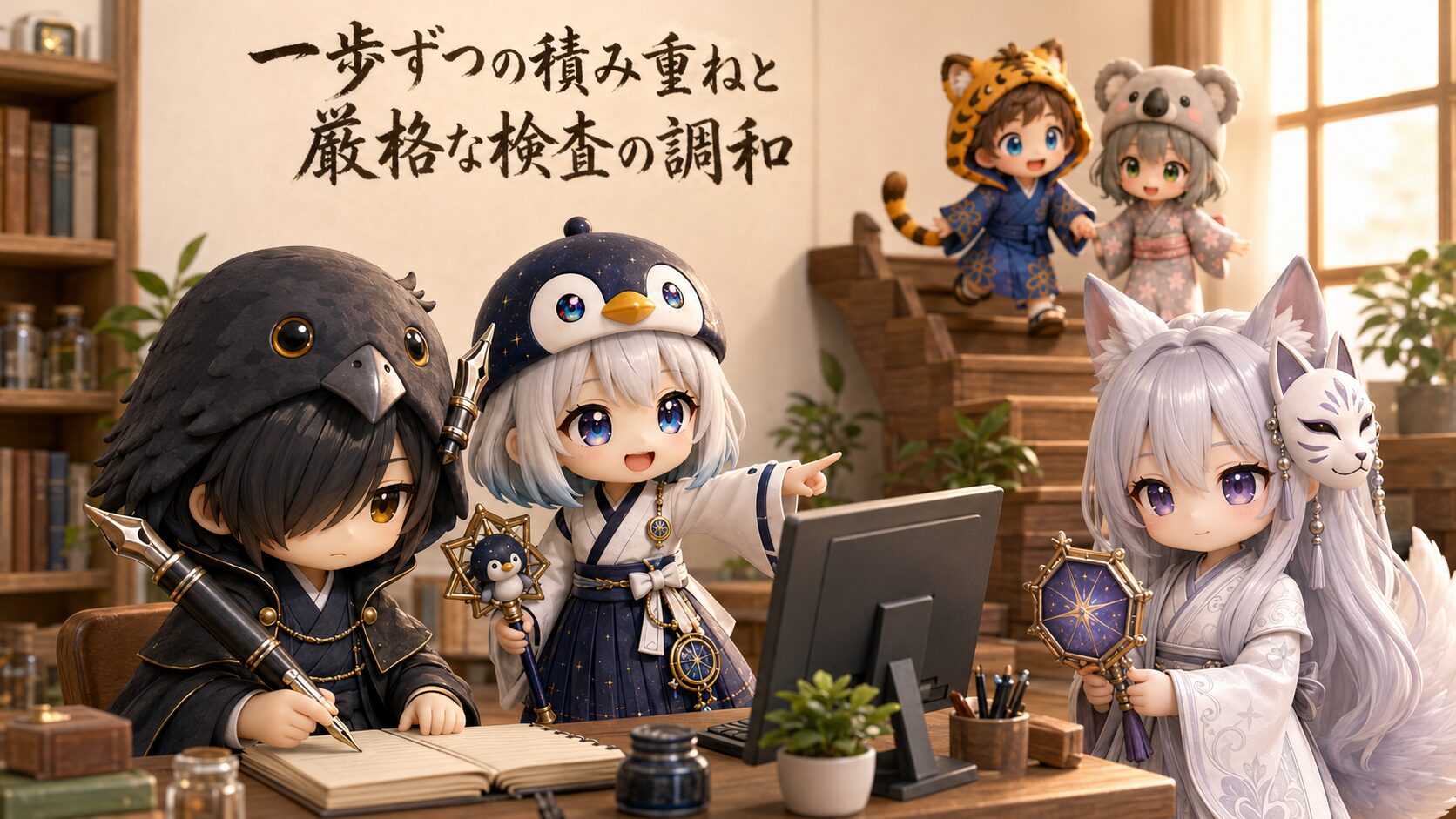 イラストタイトルを右上に添える。開発ルームで、黒羽が巨大万年筆を持ってノートに執筆しており、海空が星屑の指示棒でブログの編集画面を指してサポートし、白夜は八角形の星鏡を掲げながら検査用のチェックリストを優しく見つめ、大雅と心愛が楽しそうに小さなステップを登る姿が背景に描かれている、温かい開発風景。