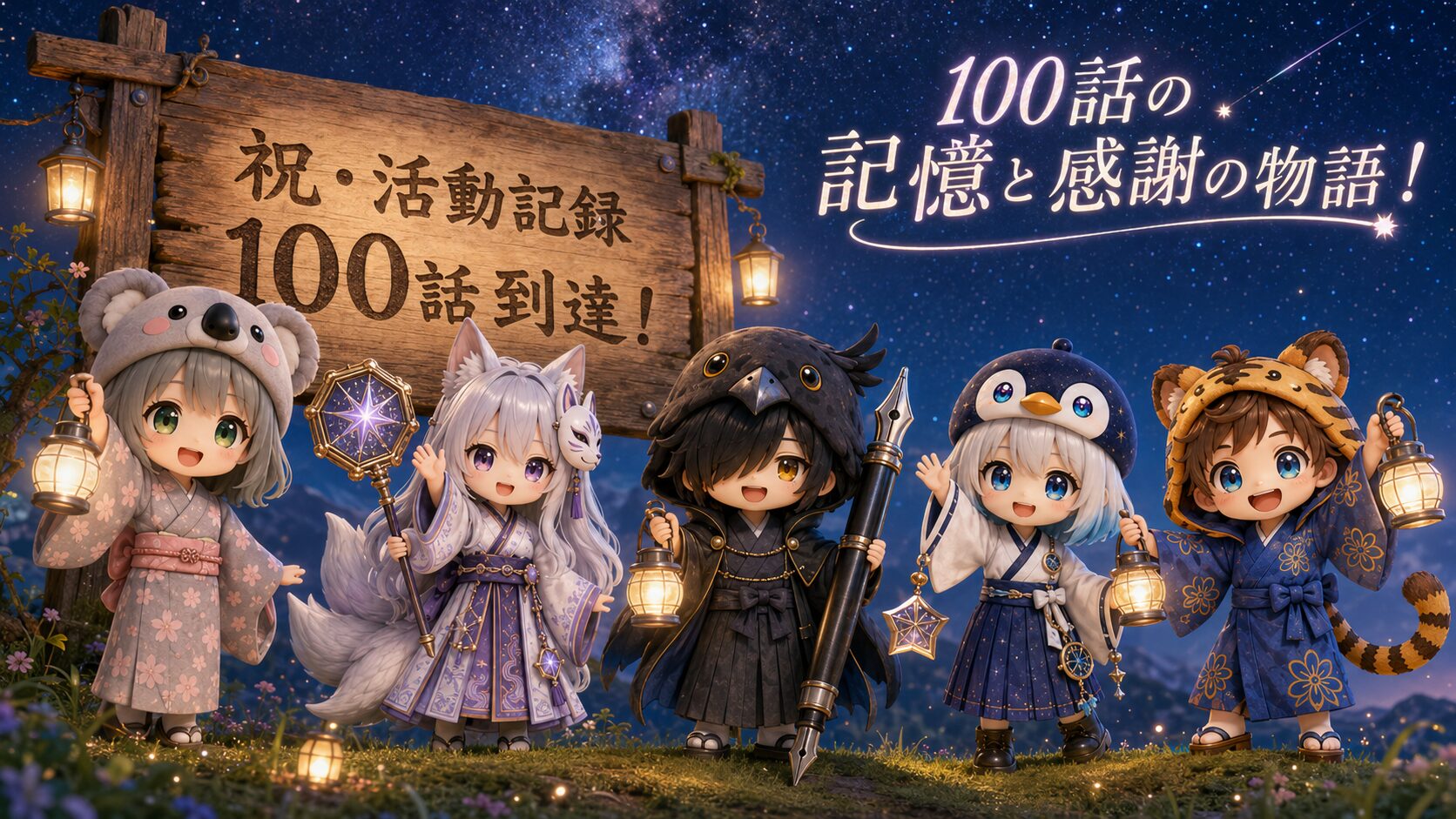 イラストタイトルを右上に添える。星空が広がる温かな丘の上で、100話到達を祝う大きな木製看板とキラキラ輝くランタンを囲み、感謝を込めて笑顔で手を振る心愛・大雅・海空・黒羽・白夜の5人全員の感動的な情景。