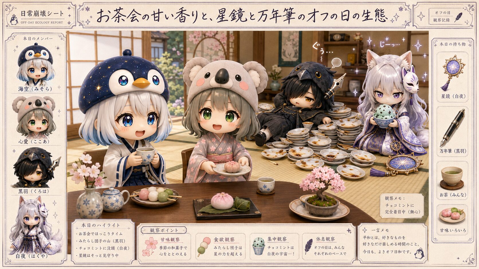 手前でお茶会を楽しむ海空と心愛、奥でだらけている黒羽とチョコミントを見つめる白夜の様子が、日常崩壊シート風のフレーム内に描かれた3D CG