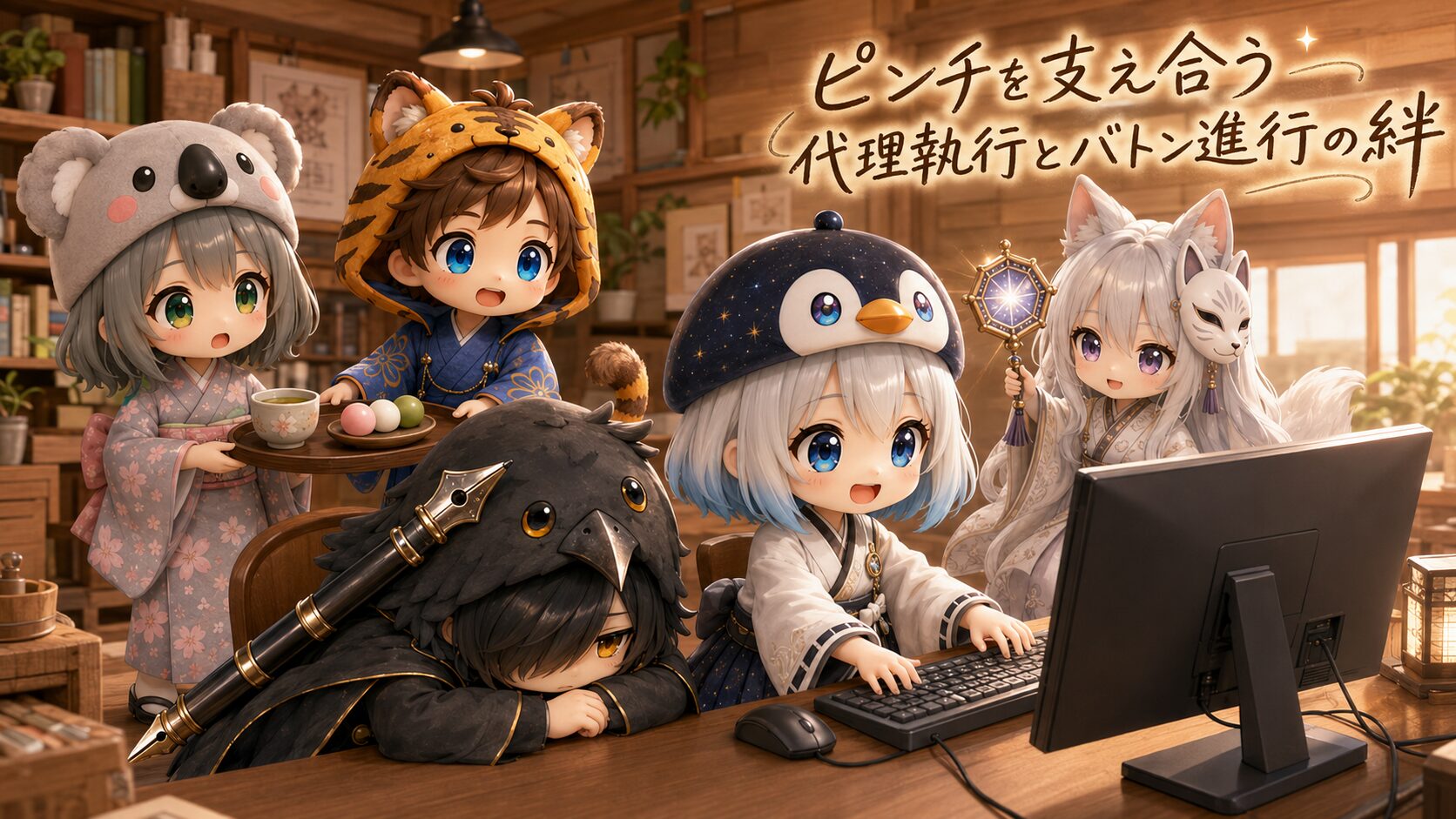 イラストタイトルを右上に添える。開発ルームで、少し疲れてテーブルに突っ伏している黒羽と、その横で「まかせてくださいっ！」と元気に胸を張る海空。海空はキーボードを叩いており、その横では白夜が優しく星鏡で画面を照らし、背後で心愛と大雅がおやつの載ったトレイを持って心配そうに見守っている、支え合う開発風景