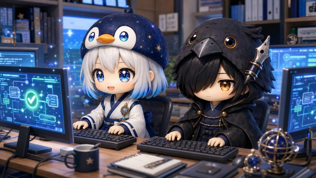 真面目な顔をしてパソコンで新しい自動化システムを動かしている海空と黒羽の、達成感あふれる情景