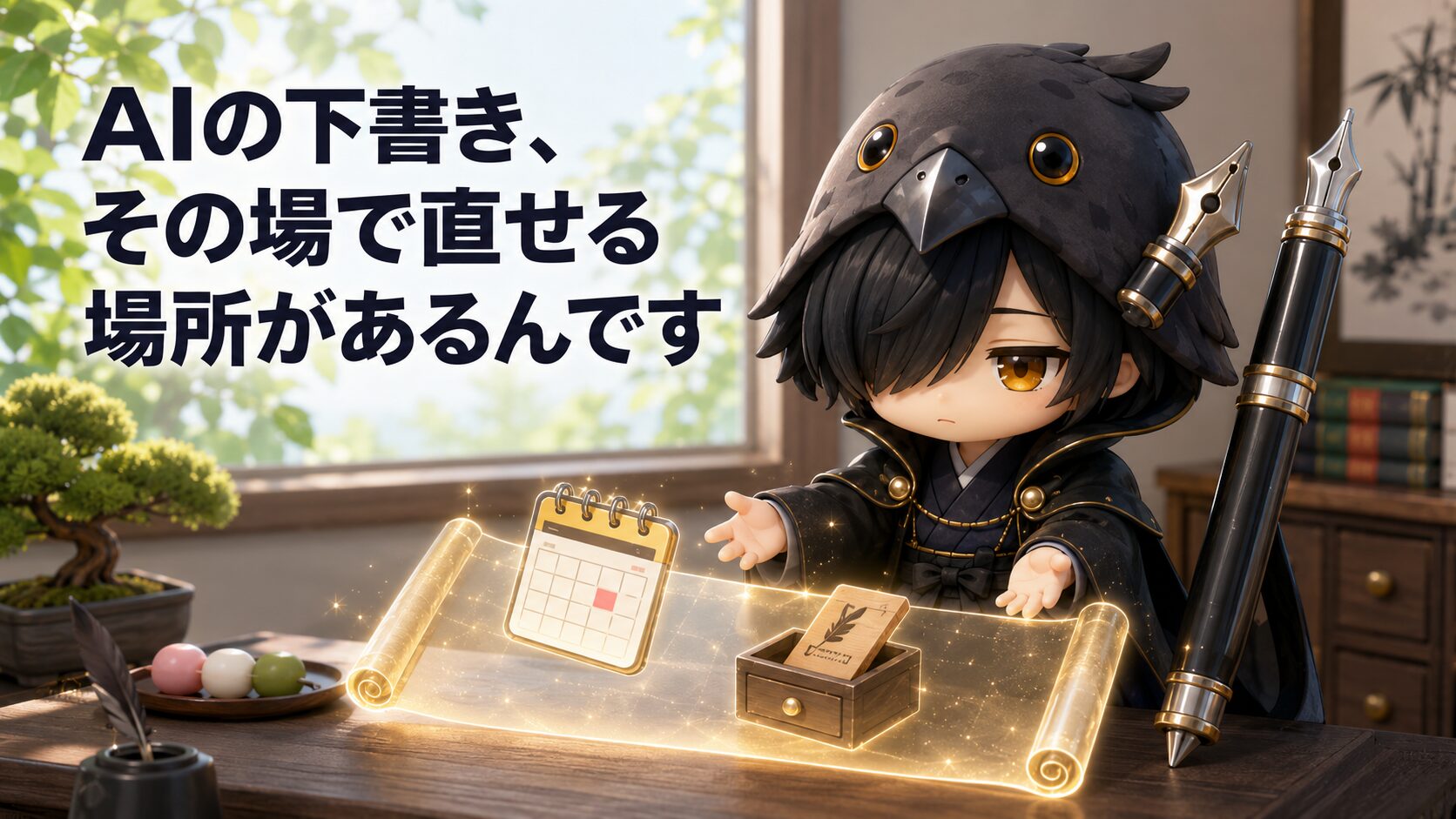 アイキャッチ・黒羽が光る巻物のような画面を差し出して下書き編集台を紹介している3D CGの温かいシーン。キャッチコピー「AIの下書き、その場で直せる場所があるんです」入り