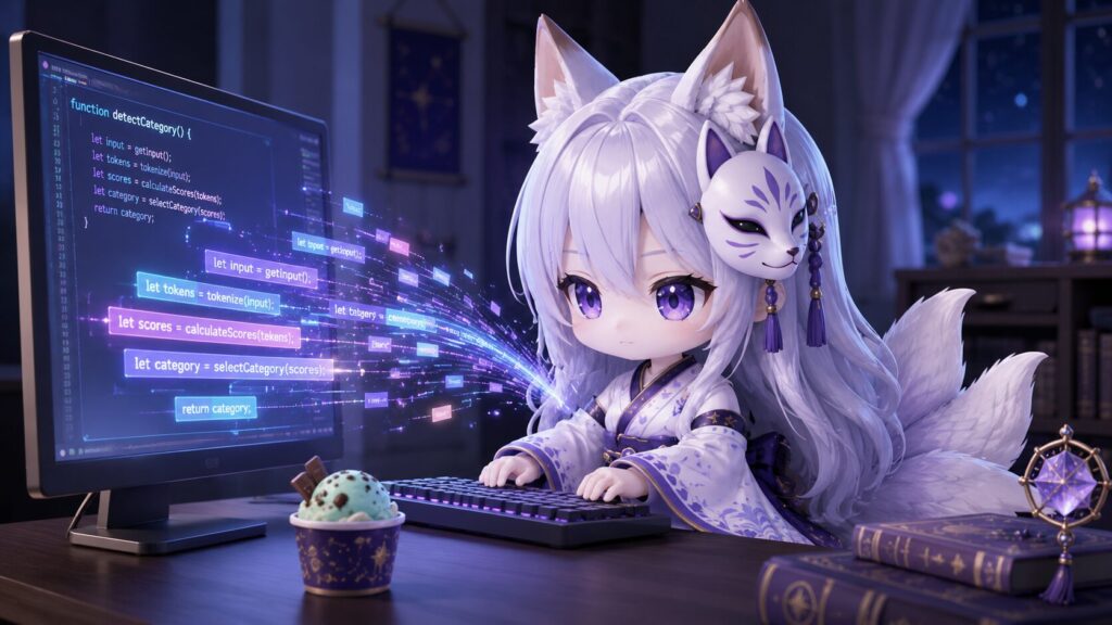 白夜が白狐のお面を少しだけ傾け、光るディスプレイのコードを見つめながら、「分類のロジックを補正しました」と静かにキーボードを叩いてバグを直している、頼もしい検査・補正のシーン。