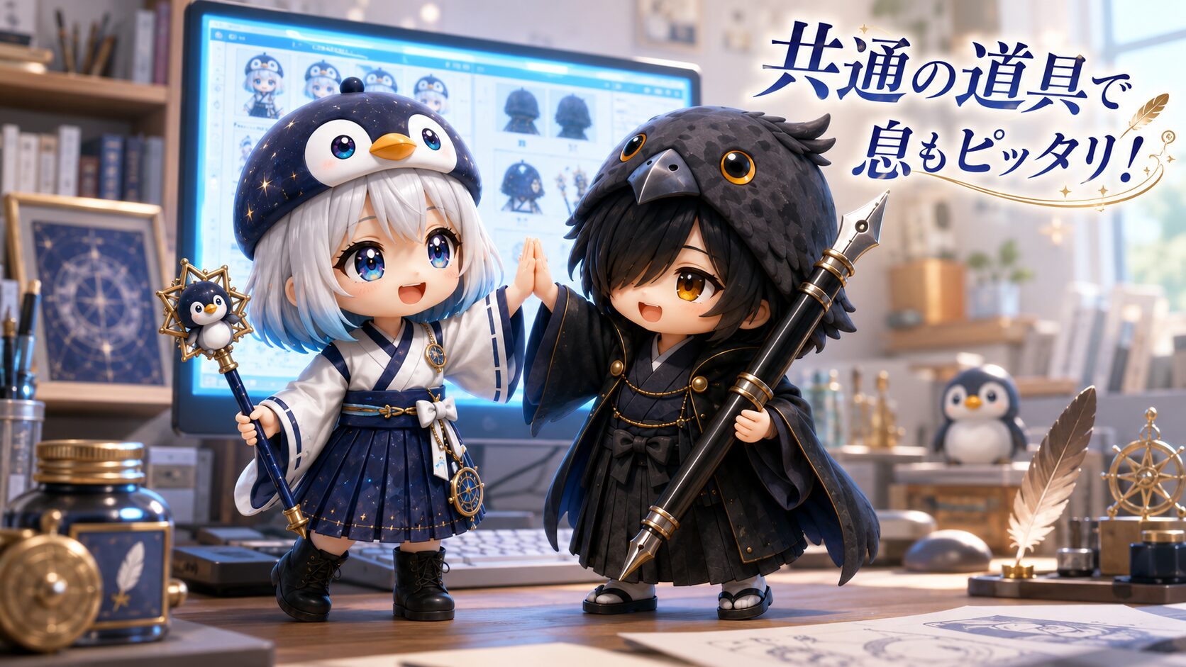 イラストタイトルを右上に添える。明るい部屋で、海空と黒羽が同じツール画面を見つめながら、息の合ったコンビネーションで笑顔を見せている場面。