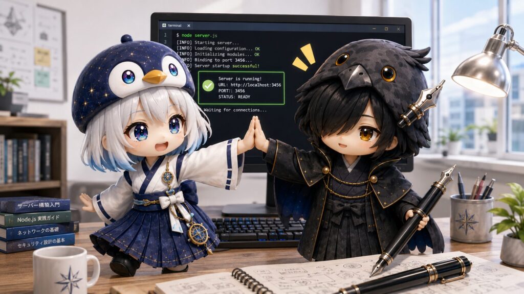 サーバーの稼働状態を確認し、バックグラウンドでの正常動作に『これで作業も快適ですっ！』とガッツポーズする海空と黒羽の風景