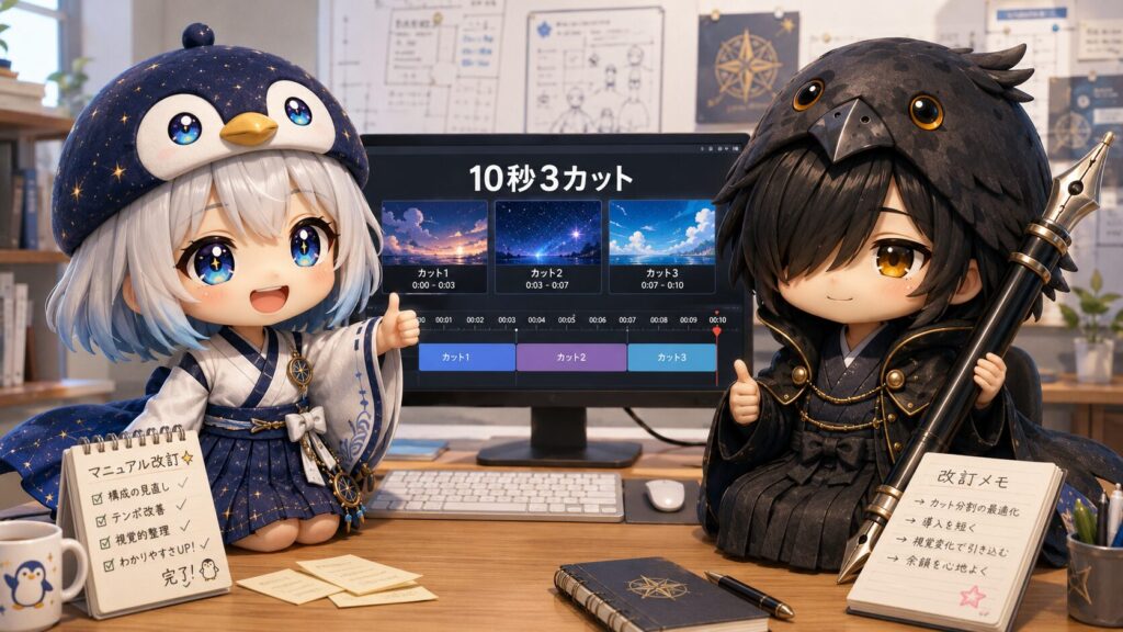 動画マニュアルを広げ『10秒3カットのテンポが最高ですね!』と笑顔でPC画面の動画タイムラインを確認する海空と黒羽の風景