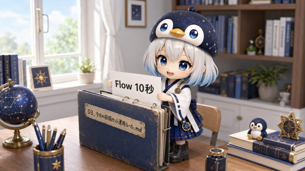 海空が新しくファイリングした「Flow 10秒」マニュアルを整理している