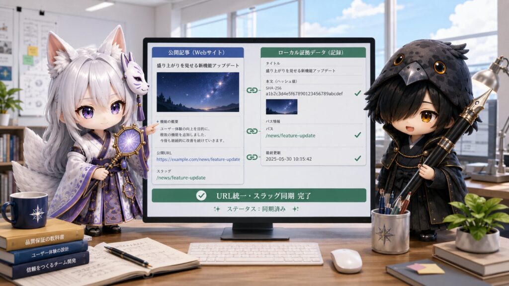モニターの公開URLとローカル証跡ファイルを照合し、きれいに統一されたデータを確認して安堵する白夜と見守る黒羽の様子