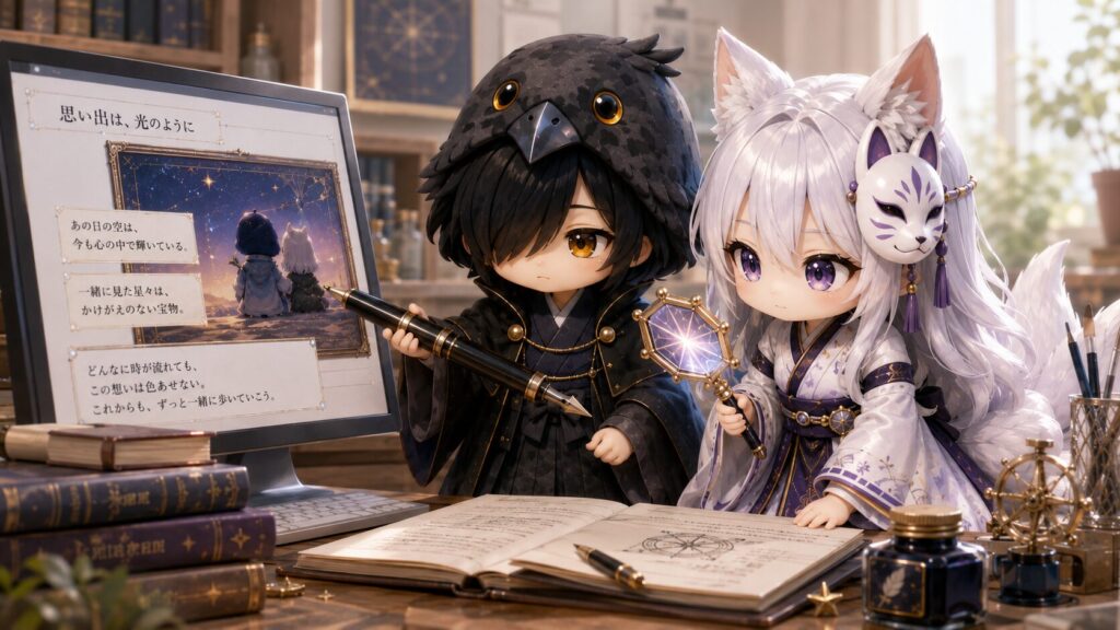 過去の思い出が詰まったブログ画面と新しい解説ボックスを照らし合わせ、丁寧に最終チェックを行っている黒羽と白夜の様子