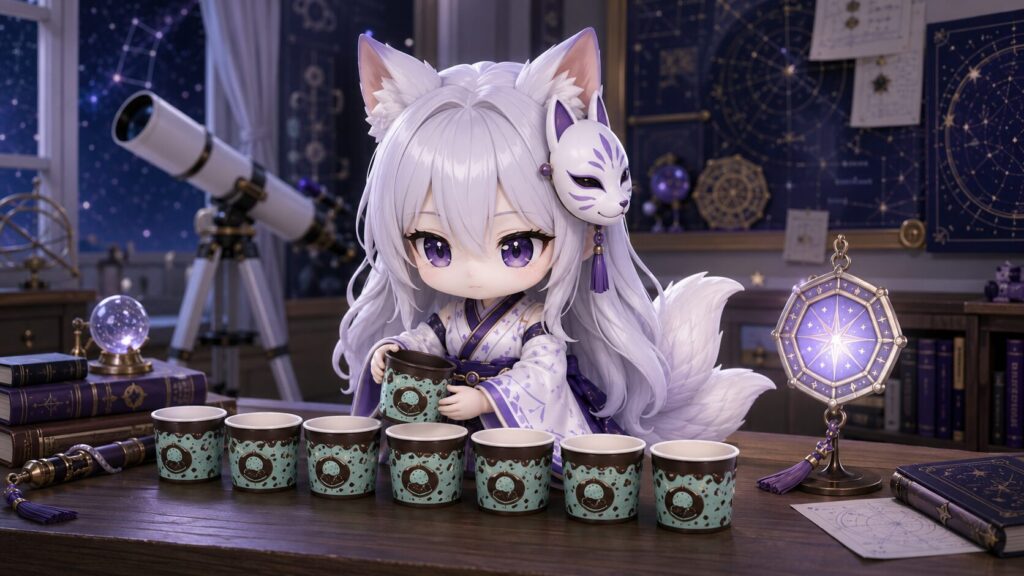 白夜がチョコミントアイスの空きカップを几帳面に並べて整理している3D CG