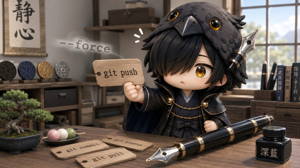 「git push」という文字の後ろに「--force」が透けて隠れているのを見つけて、はっとするイメージ