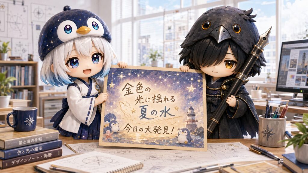 手書き文字が綺麗に入った完成イラストを見つめ『文字の温かさが一目で伝わるね！』と嬉しそうに微笑む海空と黒羽の情景