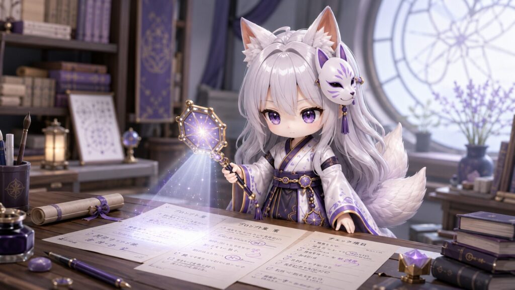 白夜が星鏡の光を書類にかざして、間違いがないか静かに点検・補正しているファンタジー風の情景
