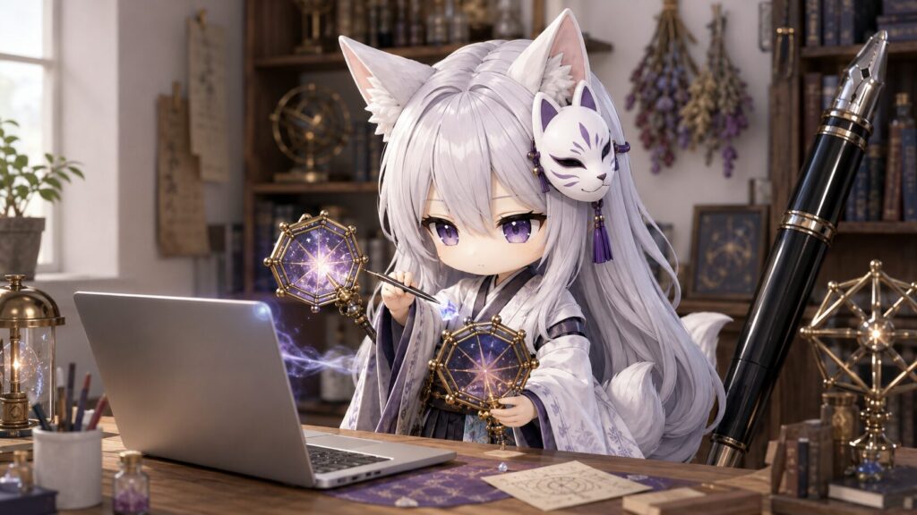 白夜が八角形の星鏡をノートPCにかざし、画面からこぼれる小さな光の歪みをピンセットでそっと取り除いて整えている、職人技のような美しい検査の様子。