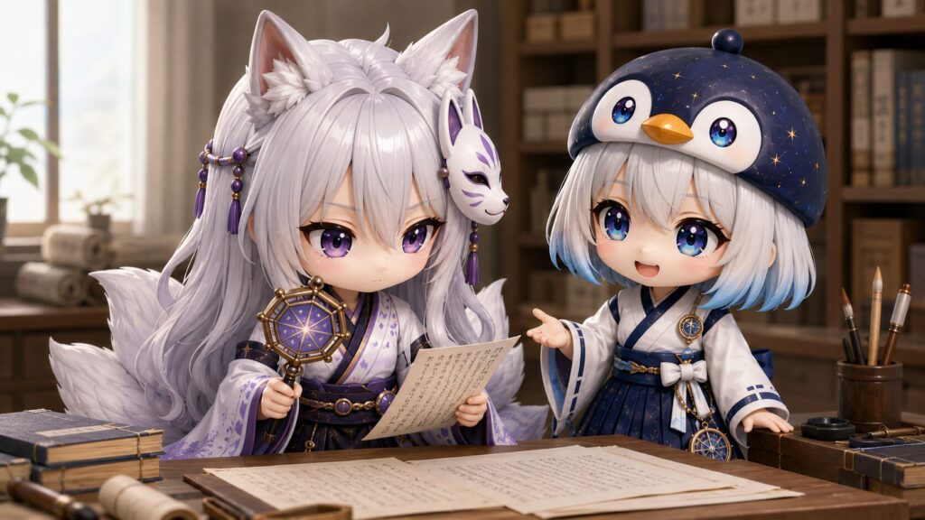 静かな検査デスクで星鏡を覗き込み、テキストの細部や人称を丁寧に補正してチェックリストを完成させている白夜と見守る海空の風景