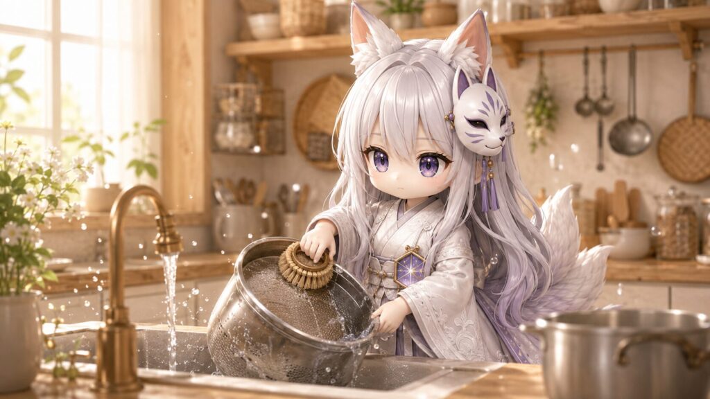 白狐のお面と八角形の星鏡を身につけた白夜が、亀の子たわしで大きな釜とザルを丁寧に磨いている台所の洗い場。