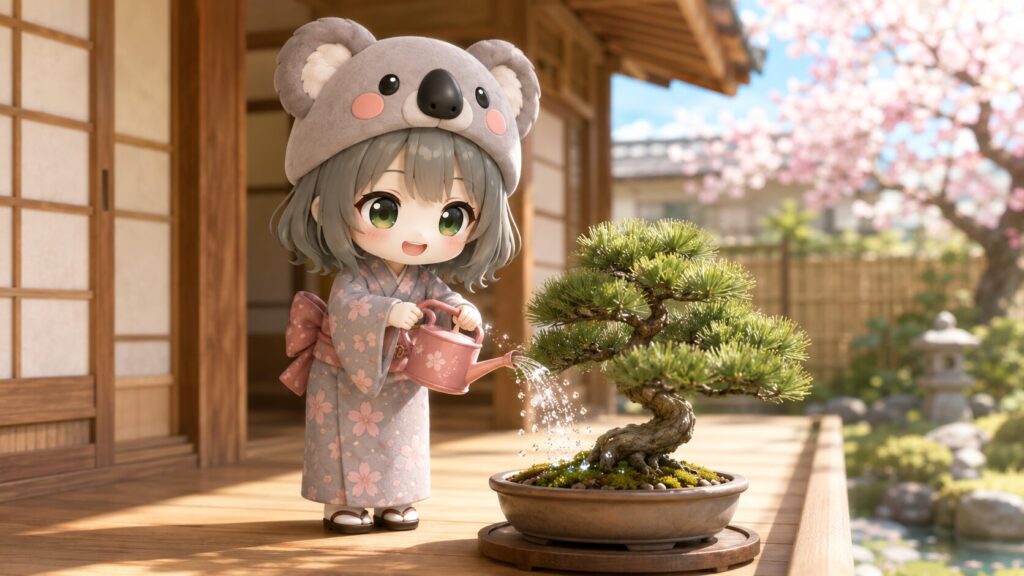 心愛が楽しそうに盆栽にお水をやっていて、お水の粒がキラキラと光っている様子