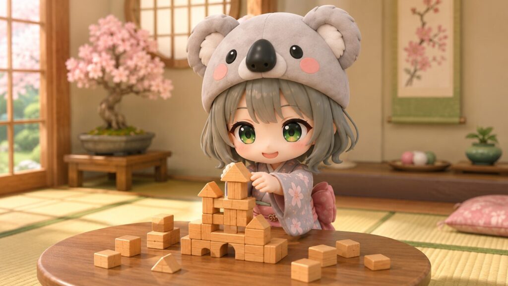 おうちの和室で、心愛が楽しそうに小さな積み木を一つ一つ積み上げてお城を作っている様子
