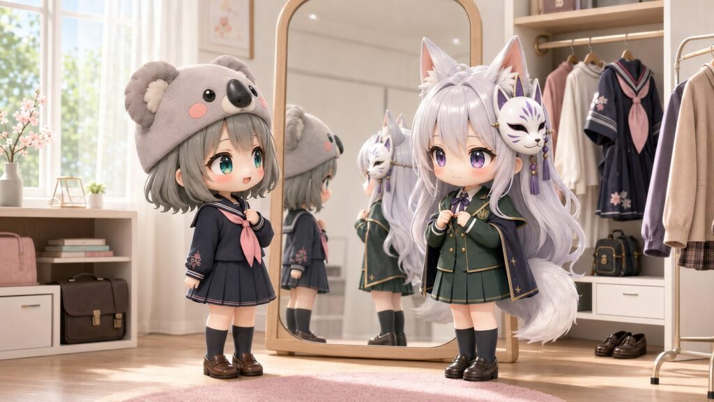心愛と白夜がレトロモダンな制服に着替えて鏡の前に並び、お互いの制服姿を見て照れ合っている明るい室内のシーン。