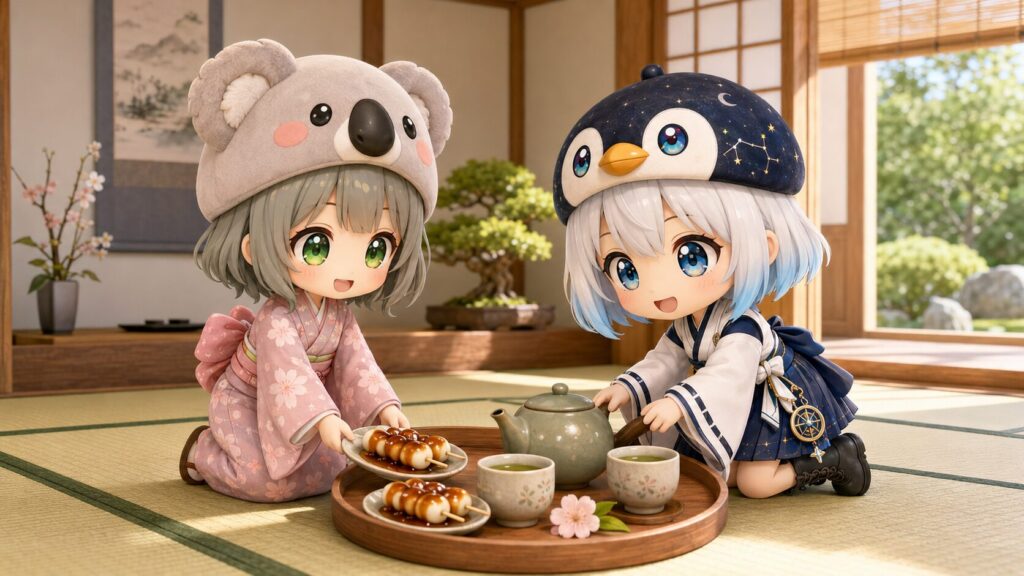 お茶会を準備している心愛と海空の3D CG