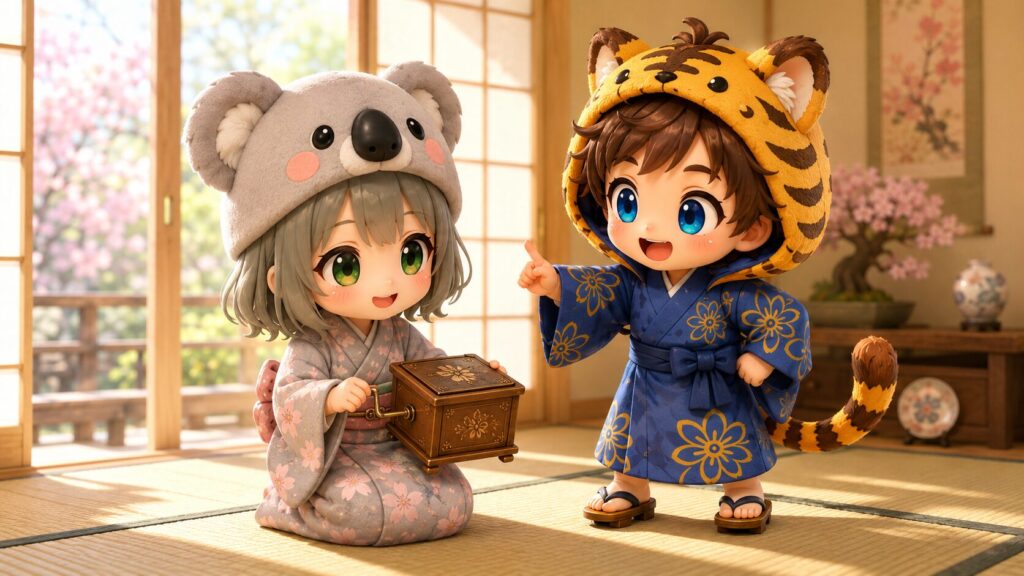 大雅が「開いたドアを見落とさないようにしよう!」と元気いっぱいに語りかけ、心愛が小さなオルゴールを持って微笑んでいる様子。