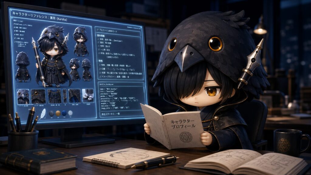 黒羽がPCの画面でキャラクターのプロフィール聖典を真剣に見比べながら、プロンプトのチェック(裏取り)を行っている開発風景