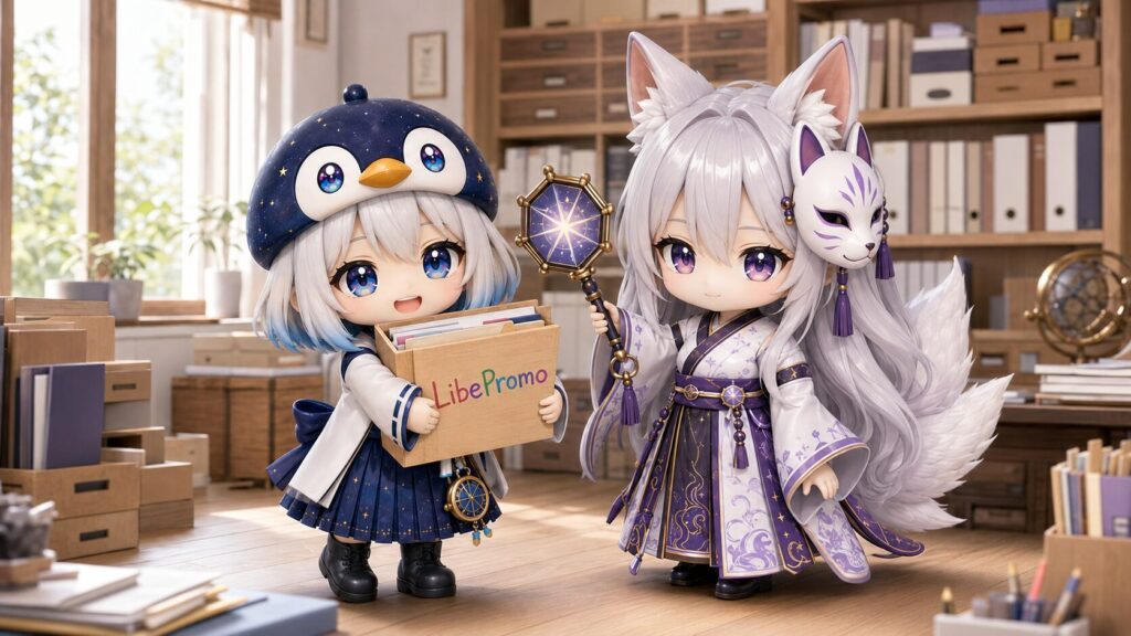海空が「LibePromo」と書かれた新しいファイルフォルダを嬉しそうに抱え、隣で白夜が静かに鏡をかざして「これで検査が明確になります」とうなずいている、整理整頓された作業室のシーン。
