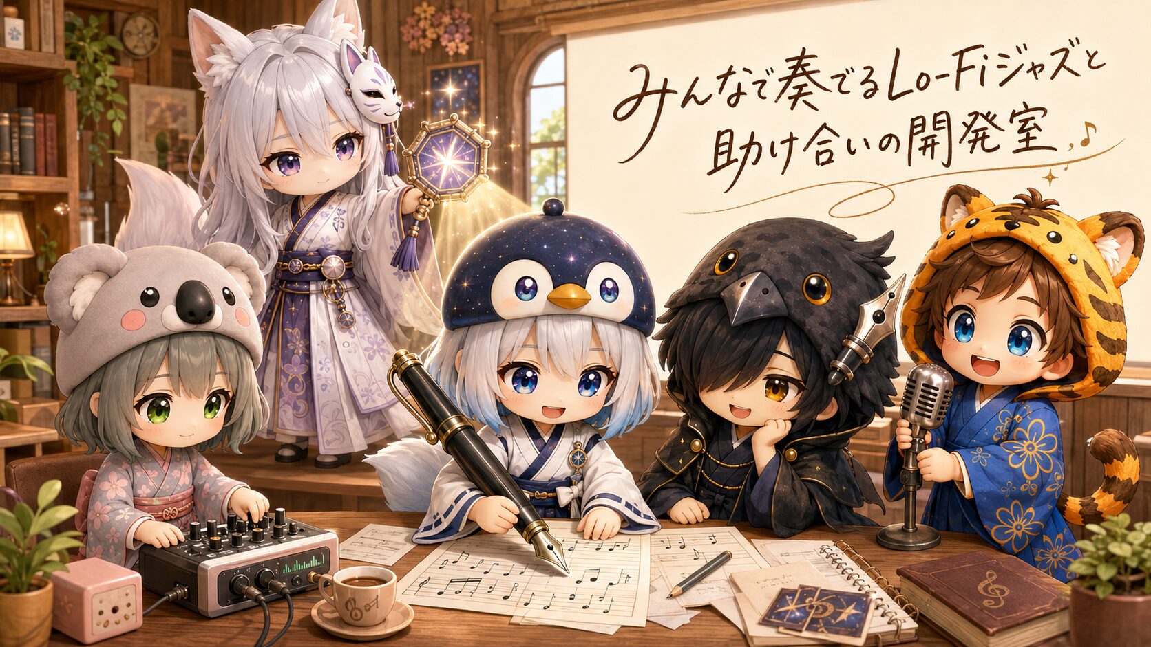 アイキャッチ（独立・ブログカバー）・イラストタイトルを右上に添える。心愛、大雅、海空、黒羽、白夜の5人が一堂に会し、楽しそうに30分間のLo-Fiジャズ作業用BGM動画の制作に取り組んでいる様子。