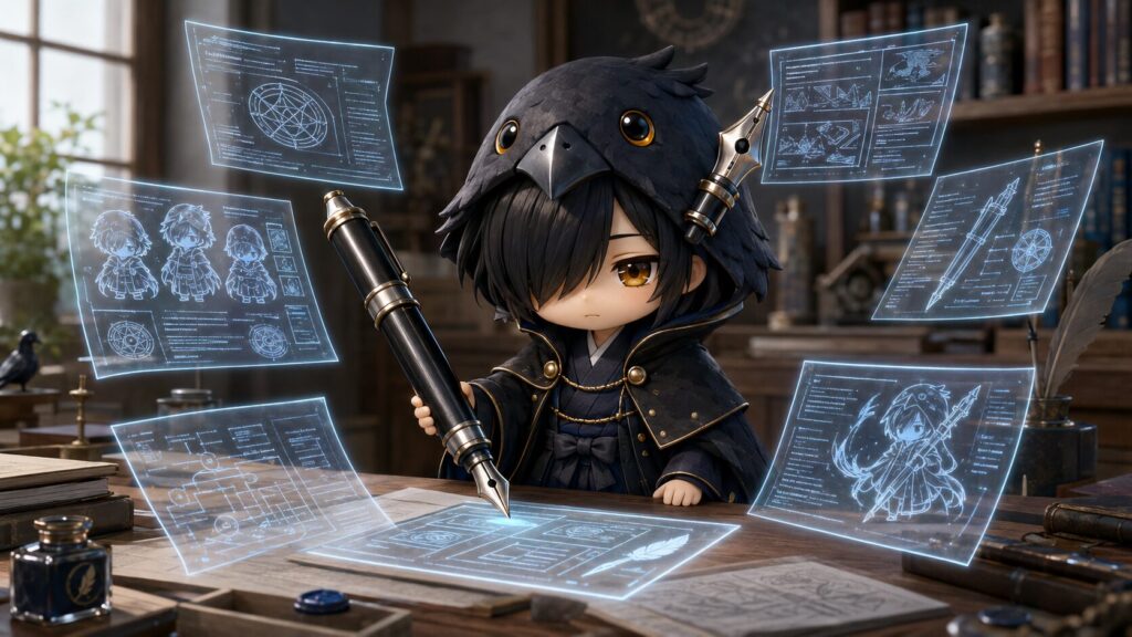 黒羽が複数の原稿を並べて、プロンプトの構成を丁寧に練っている作業風景