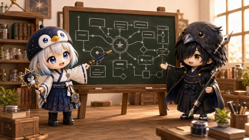 海空が星屑の指示棒で黒板に書かれた「開発ルール」の図を指し示し、黒羽とのんびり笑顔で話し合いながら、新しい知見を整理している様子。