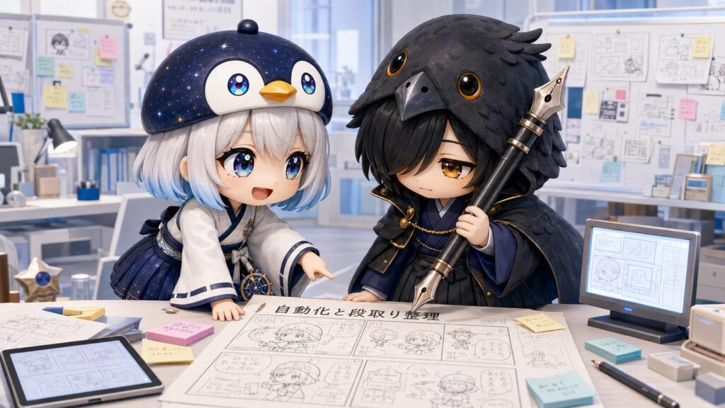 リベシティ宣伝用マンガの制作について話し合っている海空と黒羽の、ほのぼのとした打合せ風景