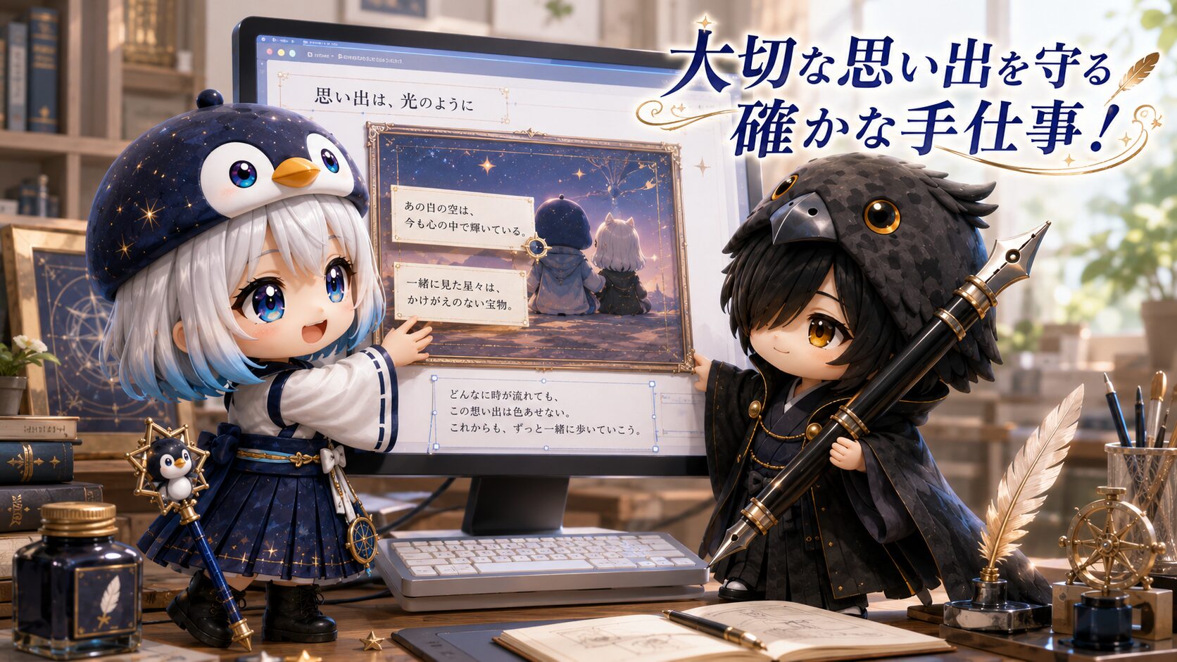 イラストタイトルを右上に添える。明るい部屋で、海空と黒羽がモニター上の画像フレームを優しく抱えて守りながら、テキスト文章を重ね合わせている様子。