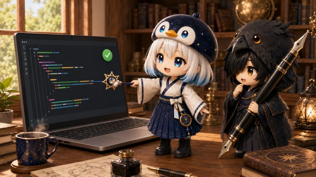 海空が作成した修復コードを指示棒で指しながら説明し、黒羽が隣で感心したように見つめ、ブログの前後ナビゲーション不具合の修復に挑んでいる様子。