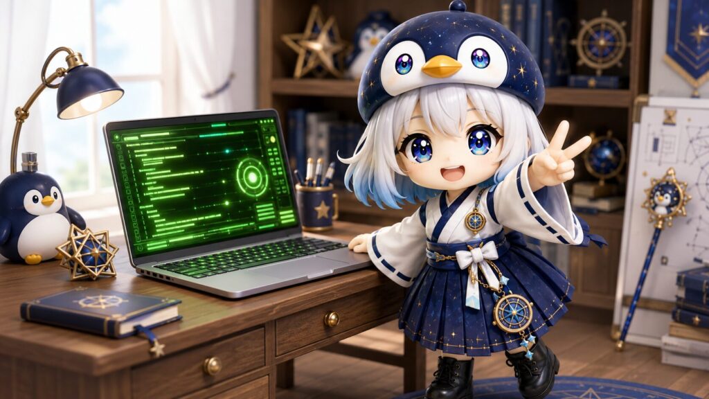 下書き編集台のサーバー起動に成功し、PC画面を前に嬉しそうにピースサインをする海空の日常風景