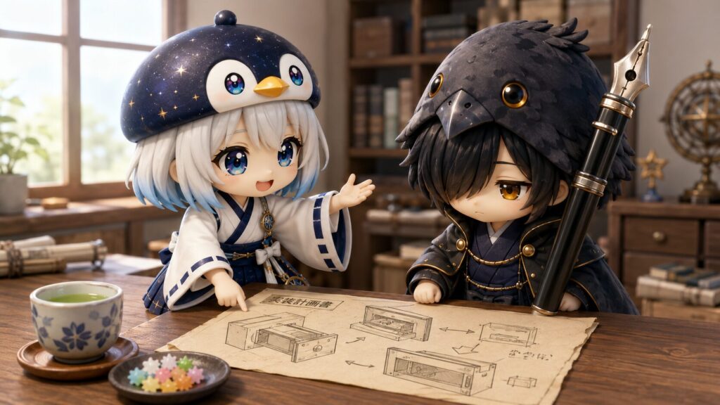 海空が作業机で「実装計画書」の羊皮紙を広げ、大きな万年筆を手にした黒羽に「こんな風に画面の端から引き出せるようにしたいんです」と身振り手振りで説明している、開発の初期設計シーン。