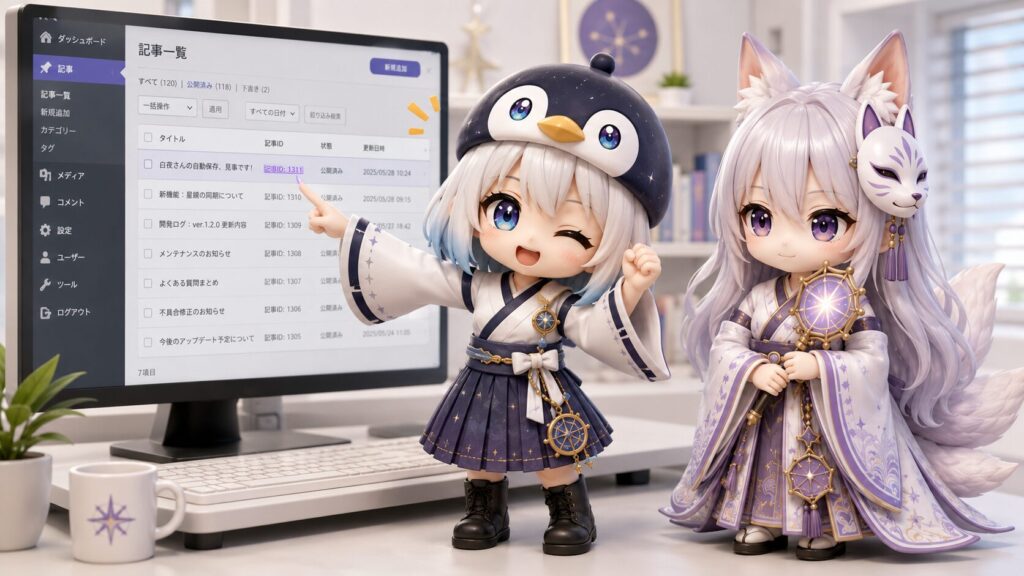 WordPressの投稿一覧画面で自動保存された記事ID:1311を確認し『白夜さんの精密なチェックと保存、完璧です!』と感謝を伝える海空と静かに頷く白夜の風景