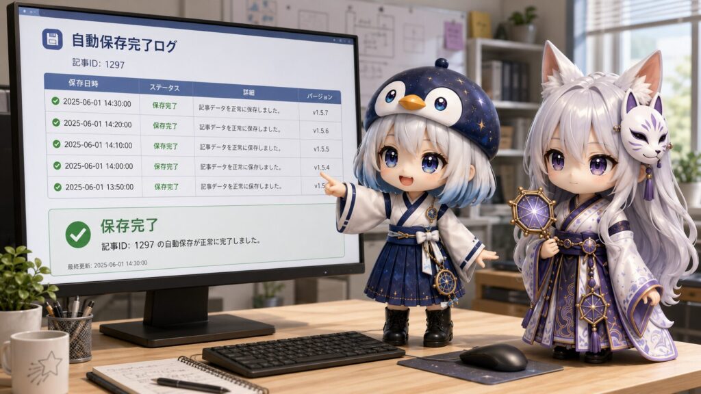 ターミナル画面で下書き保存完了ログ（記事ID: 1297）を指差し『白夜さんの自律保存、とっても安定していますね！』と笑顔で称える海空と白夜の風景