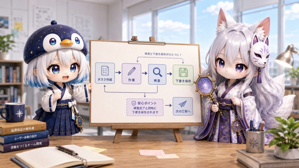 新しいバトン運用のフロー図を前に『これで検査と保存がぴったり繋がりますね！』と笑顔で話し合う海空と白夜の姿