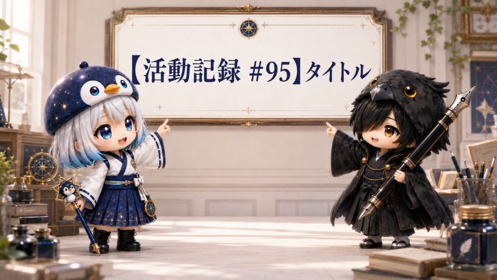 タイトル一覧が書かれた板を前に『これで何が書かれているか一目でわかるね!』と笑顔で話している海空と黒羽の姿