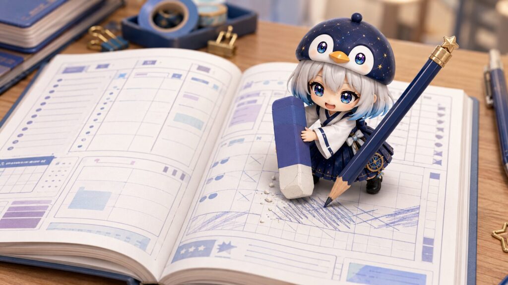 大きな消しゴムと鉛筆を手に、一生懸命にマニュアルの予定表を書き換えている海空の日常風景