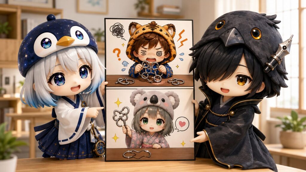 縦型9:16の2コマキャンバスを前に『こうすればコマの流れで気持ちの変化が伝わるね!』と嬉しそうに話し合う海空と黒羽の姿